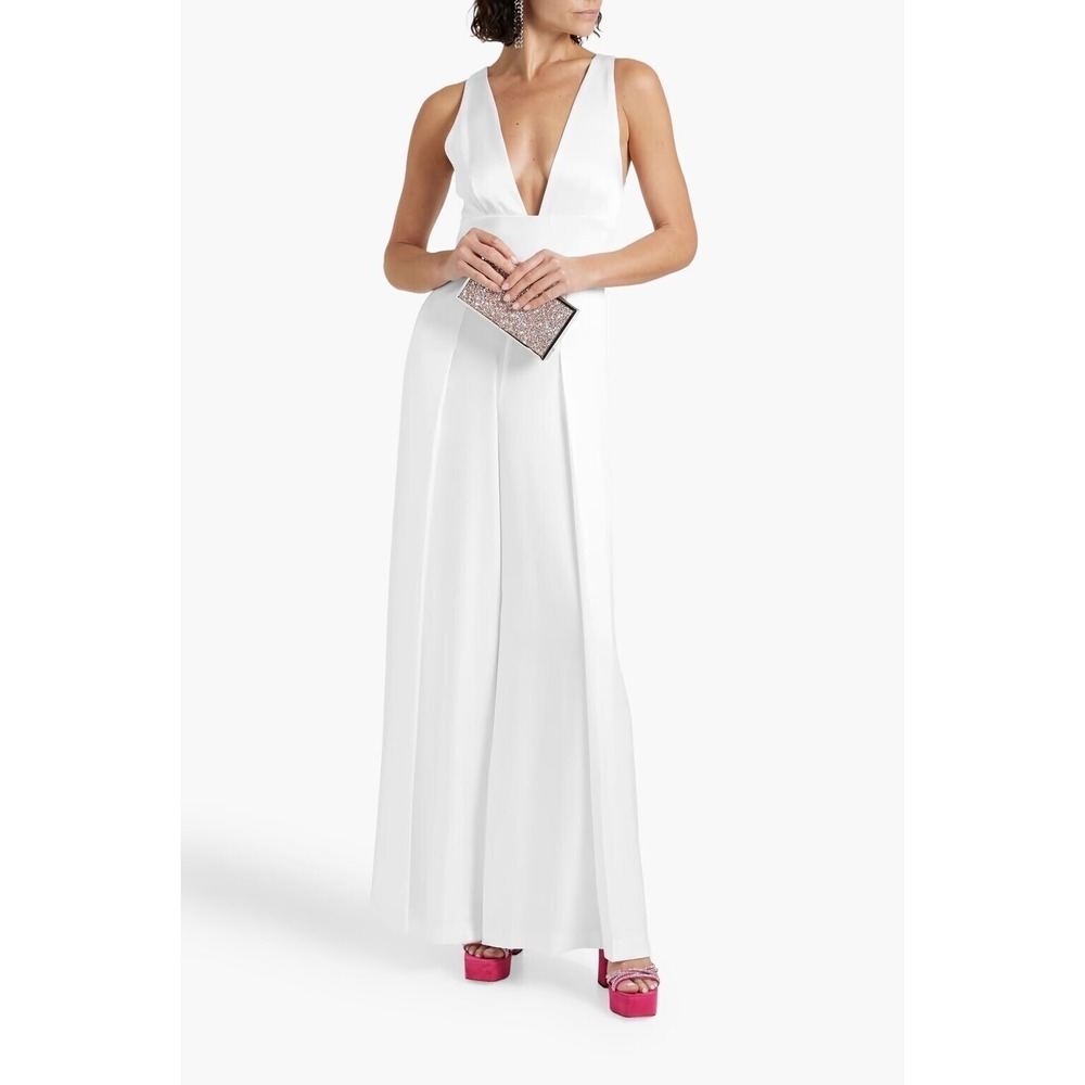 Alice & Olivia NWT Myrtle Pleated Wide Leg Satin Jumpsuit in White Sz 6 MSRP$595